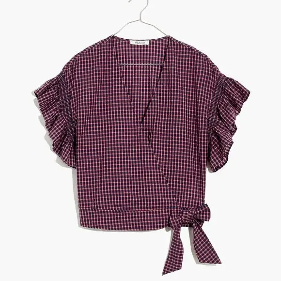 MADEWELL Flutter-Sleeve Side-Tie Wrap Top in Plaid Burnished Rose Size Medium - Picture 2 of 9